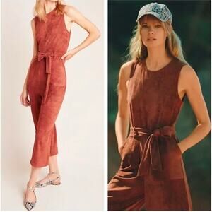 Anthropologie Faux Suede Sleeveless Belted Jumpsuit in Brick Sz Small